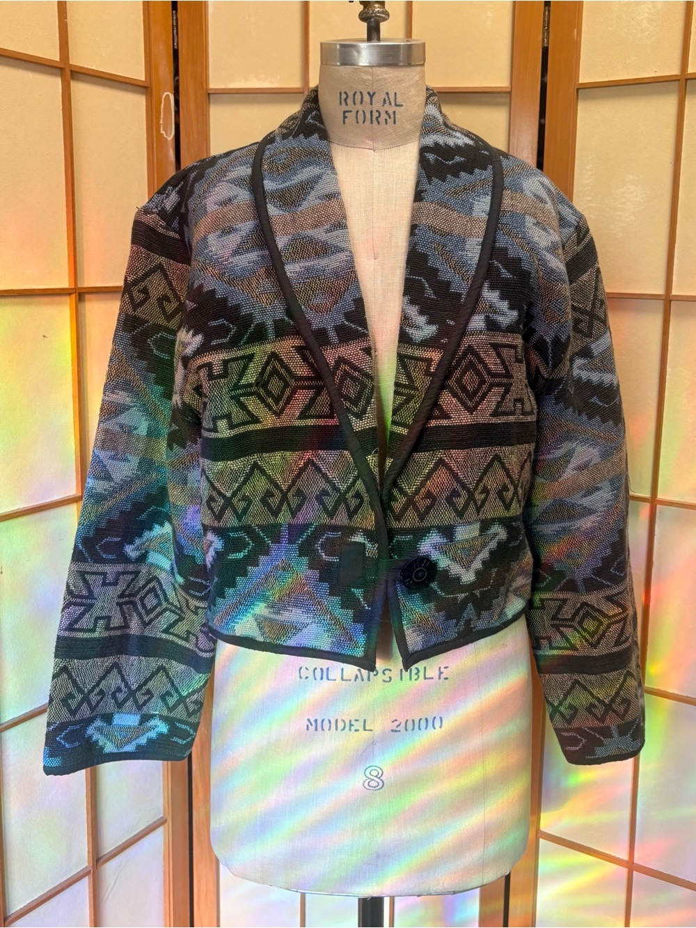 Vintage 90s Flashback Southwestern Aztec Cropped Tapestry Jacket Boho Blue M